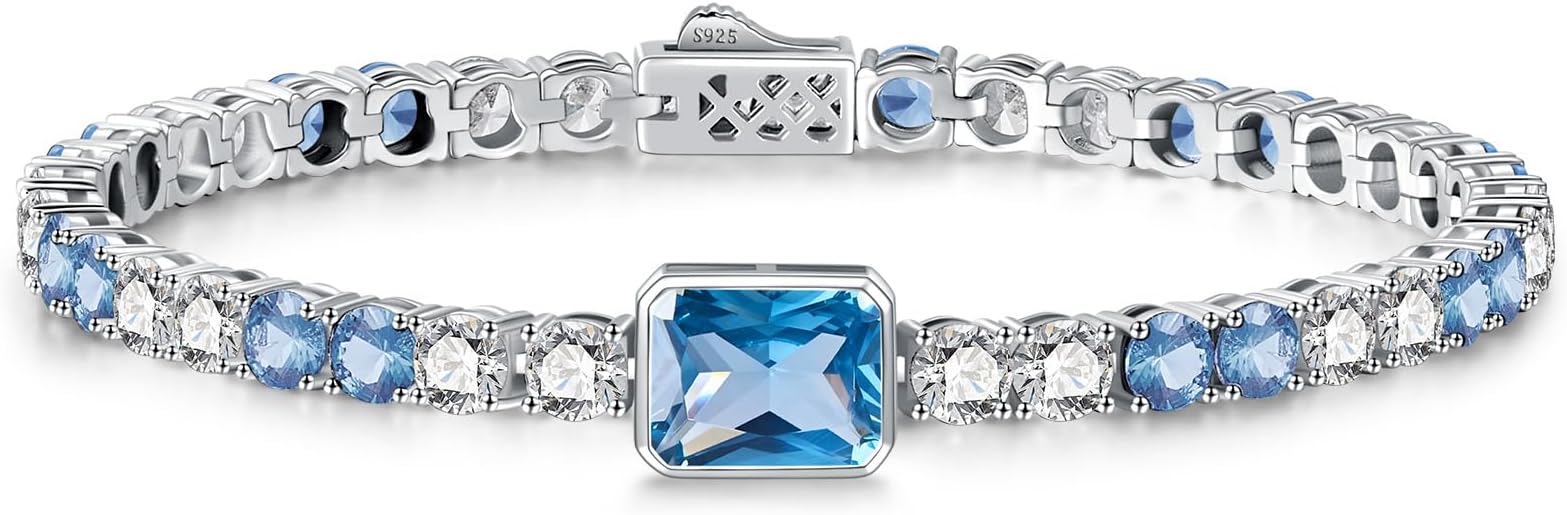 Birthstone Bracelets for Women Birthday Gifts 4CT Radiant Cut Birthstone 4mm Sterling Silver White Gold Tennis Bracelets for Women Round Cut 5A Cubic Zirconia Bezel Setting 7 Inch