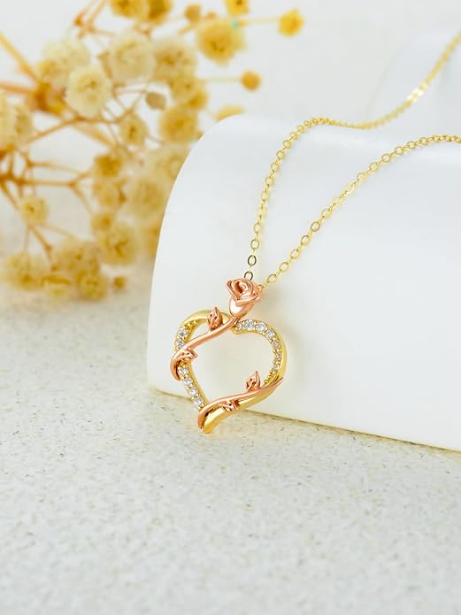 14K Solid Gold Rose Flower/Sunflower Necklaces for Women Flower Heart Pendant Necklace Love Sunshine Jewelry Anniversary Valentine's Day Birthday GiftS for Women Wife Girlfriend Her Mom