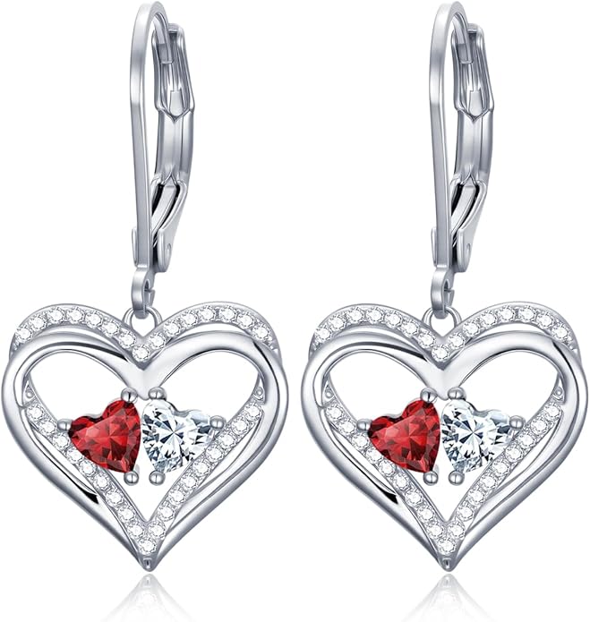 Valentines Day Gifts for Women, Heart Leverback Earrings Double Birthstone Dangle Earrings for Women, Love Jewelry for Her, Anniversary Birthday Gift for Mom Wife Girlfriend
