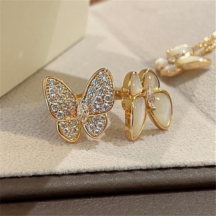 Double Butterfly Rings for Women AAA Cubic Zirconia Finger Ring Ladies Fashion Hand Jewelry Natural Stone Adjustable Ring