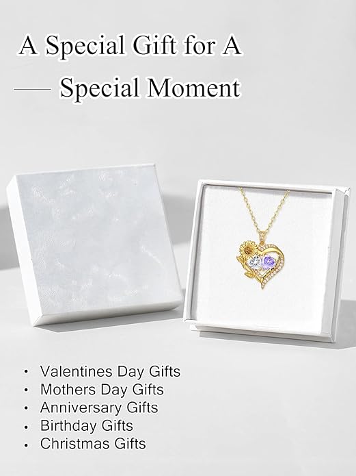 Sunflower Heart Necklace for Women 14K Gold Exquisite Valentines Day Anniversary Birthday Gifts for Wife Mother Her Double Birthstone Pendant Jewelry‘You Are My Sunshine’