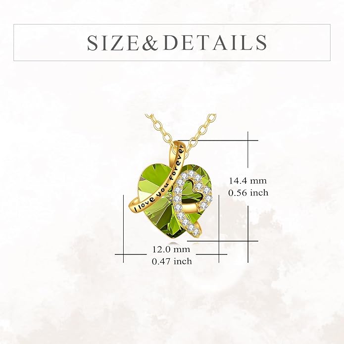 KECHO 14K Real Gold I Love You Forever Necklace Solid Yellow Gold Heart Birthstone Crystal Pendant Jewelry Birthday Mother's Day Anniversary Christmas Gifts for Women