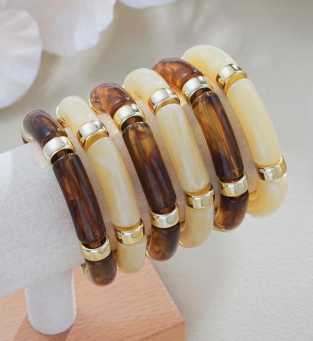 iF YOU 6pcs Chunky Acrylic Bangle Bracelets for Women, Resin Bamboo Brown Stretchy Bracelet Stack, Fashion Jewelry for Women