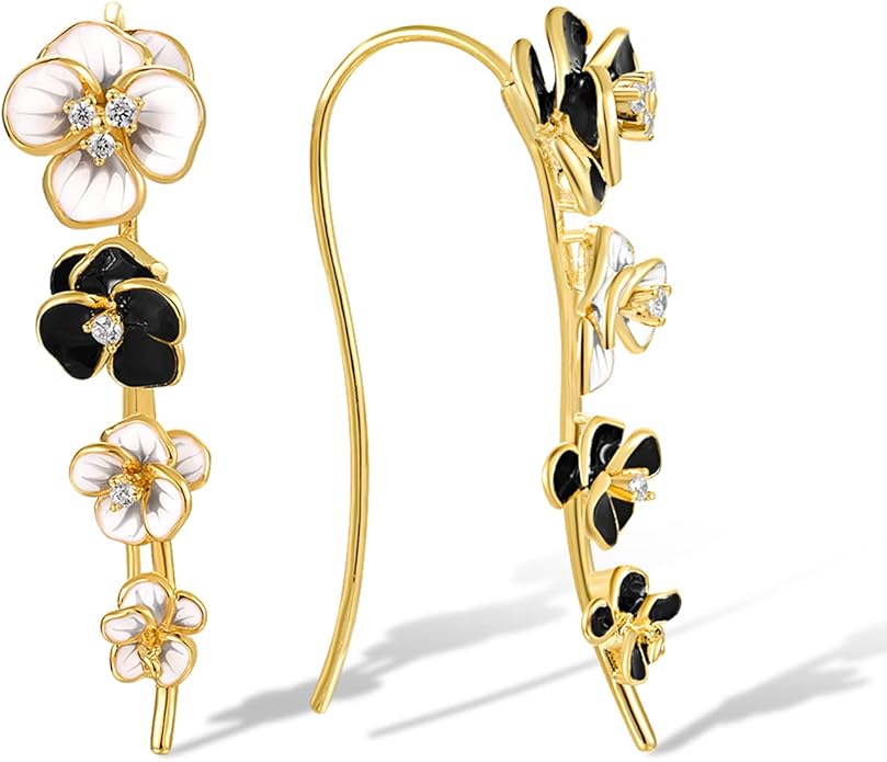 Santuzza 925 Sterling Silver Enamel Flower Ear Cuffs Climber Earrings for Women