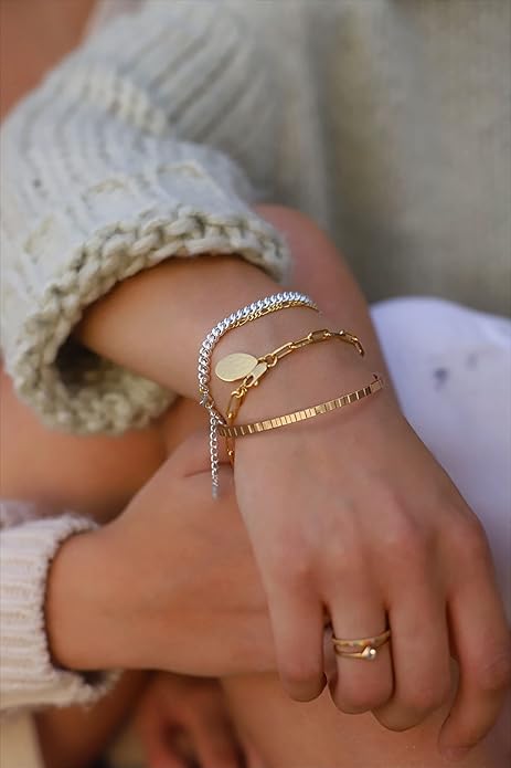 PERNNLA PEARL Dainty Gold Bar Bracelet for Women Simple Delicate Thin Cuff Bangle Hook Bracelet 18K Gold Plated Handmade Minimalist Jewelry