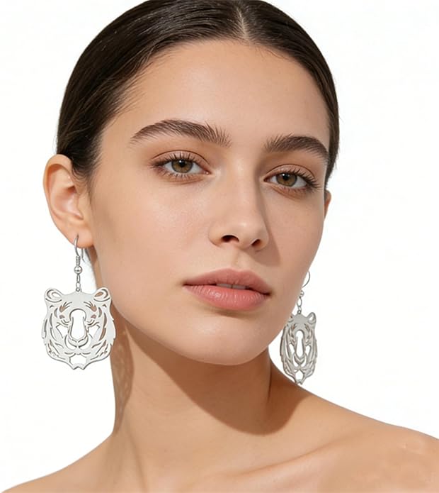 WCRAZYE Tiger Head Earrings for Women, Lightweight Gold, Football Team Spirit Mascot, Animal Inspired Game Day Jewelry