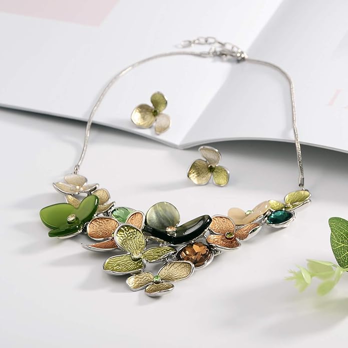 AMYJANE Vintage Statement Jewelry Set - Spring Leaf Flower Floral Plant Necklace Earring Set Crystal Rhinestone Fashion Costume Jewelry for Women Prom Party Unique Gift