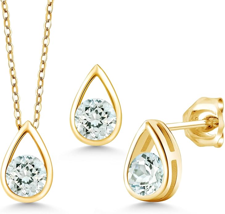Gem Stone King 18K Yellow Gold Plated Silver 5MM Round Gemstone Birthstone Teardrop Pendant Earrings Set | Jewelry Set for Women | With 18 Inch Chain