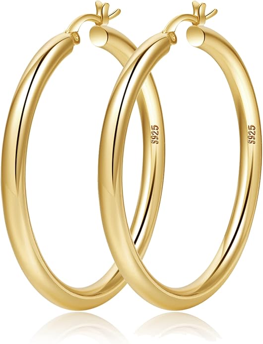 4mm Thick Gold Chunky Earrings Steling Silver Post Hoops Earrings For Women Hollow Tube Hoops Earrings Thick Gold Hoop Earrings Hypoallergenic Lightweight Gold Hoop Large Earrings 20/30/40/50/60MM