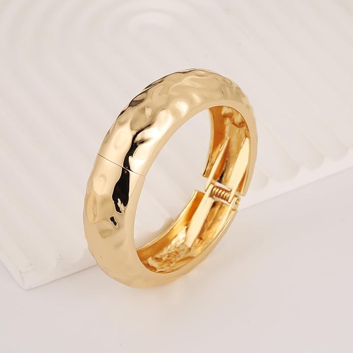 HZMAN 18K Gold Plated Wide Cuff Bracelet for Women - Premium Alloy Shiny Polished Double Layer Statement Bangle, Trendy Daily Wear Party Jewelry Accessory