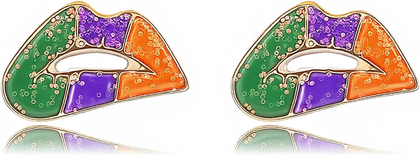 MardiGras Stud Earrings for Women Glitter Delicate Compact Flower Mask Hat Lips Stud Earring Charm Green Purple Gold Carnival Earring Cute MardiGras Jewelry Accessories for Women
