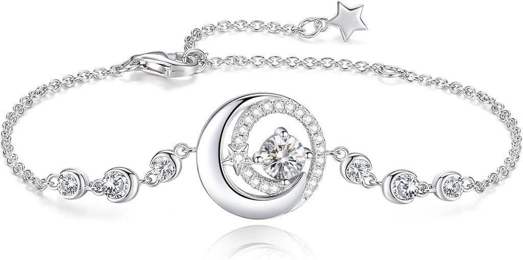 FANCIME Birthstone Bracelets 925 Sterling Silver Moon and Star Bangle Charm Bracelet Fine Jewelry Birthday Anniversary Christmas Day Gift for Her Women, Adjustable Chain 6.7"+1.2" Extend