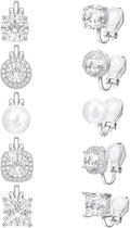 Clip On Earrings for Women Non-Pierced - 5-Pair Set Sparkling CZ Diamond Silver Tone Earrings | Comfortable Fit for Wedding, Prom, Party, Dance Competition | No Piercing Ear Accessories Set