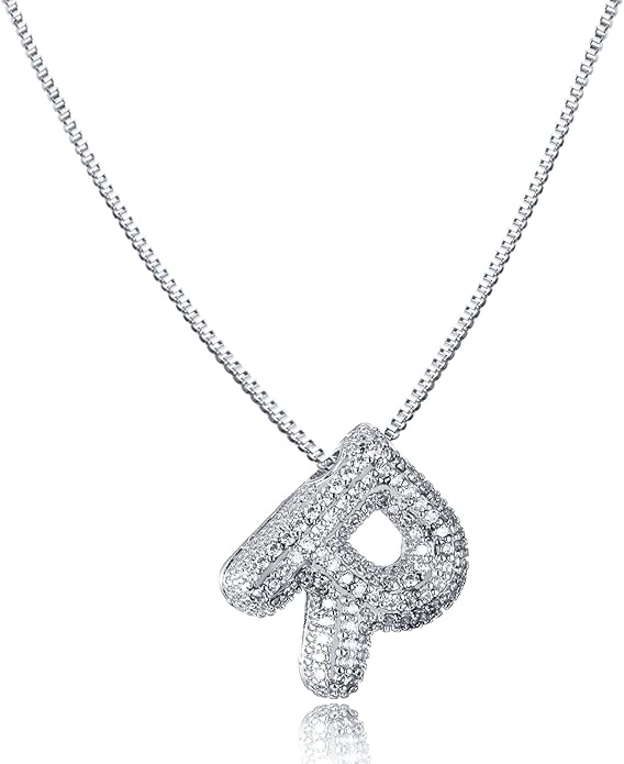 SKQIR Diamond Initial Letter Necklace for Women Bubble Gold Plated Puffy Balloon Alphabet Crystal Zircon Pendant Name Necklace Dainty Charms Trendy Jewelry Gift for Women