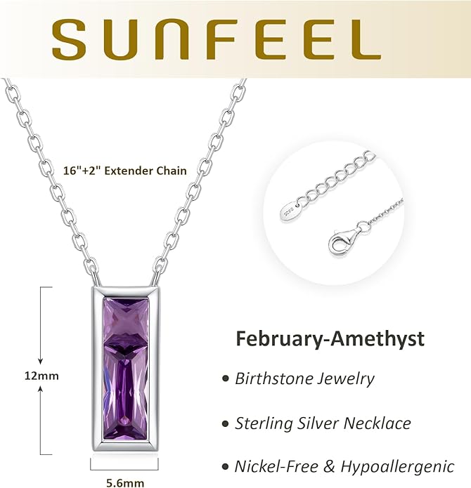 SUNFEEL Birthstone Necklace for Women, S925 Sterling Silver Necklaces with Square Cubic Zirconia Gemstone Necklace Women's Jewelry Anniversary Birthday Gifts for Women Mom Wife Her