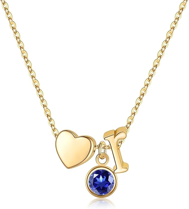 Ursilver Initial Birthstone Necklace for Women - Heart Initial Birthstone Pendant Necklace Personalized Gifts Birthday Gifts for Women