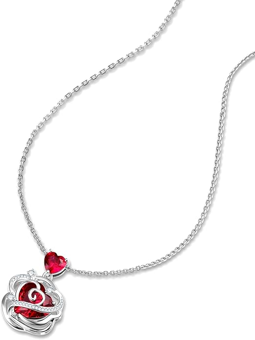 FANCIME Thornless Pulse Heart Birthstone Necklace for Women Sterling Silver Rose Pendant Fine Jewelry Gemstone Birthday Valentines Day Gifts for Wife Her