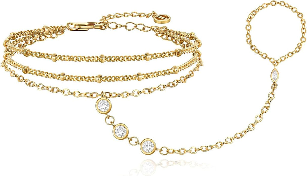 Cicy Bell Hand Chain 18k Gold Plated Bracelet for Women Trendy Teardrop Cubic Zirconia Adjustable Finger Ring Slave Dainty Bracelets Jewelry Gifts