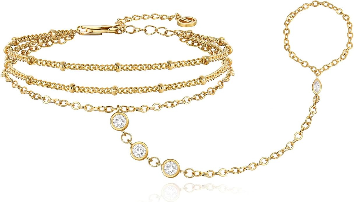 Cicy Bell Hand Chain 18k Gold Plated Bracelet for Women Trendy Teardrop Cubic Zirconia Adjustable Finger Ring Slave Dainty Bracelets Jewelry Gifts