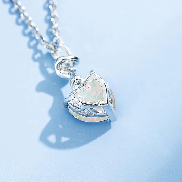 AGVANA Valentines Day Gifts 14K Solid White Gold Diamond Gemstone Pendant with Sterling Silver Chain 8mm Heart Birthstone Necklace Fine Jewelry Anniversary Birthday Gifts for Women Mom Wife
