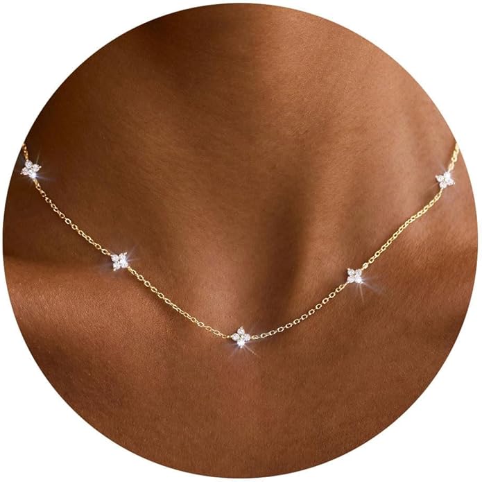 VRIUA Necklaces for Women - 14K Gold/Silver Plated Dainty Chain Necklace with Five Charms: Diamond, Bow, Snowflake, Cross, Flower, Clover, Butterfly, Heart, Star of David, and Star Trendy Jewelry