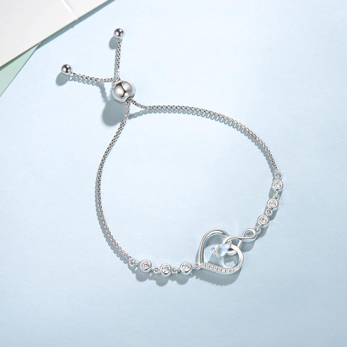 AGVANA Valentines Day Gifts Heart Birthstone Bracelets for Women Sterling Silver Genuine or Created Gemstone Tennis Bracelet Infinity Love Jewelry Anniversary Birthday Gifts for Wife Mom Women