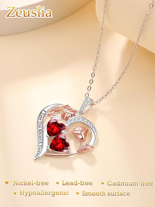Valentine's Day Gifts for Wife 925 Sterling Silver Double Birthstone Pendant Necklaces I Love You for Always and Forever Necklace Anniversary Birthday Gifts for Wife Girlfriend Mom Her