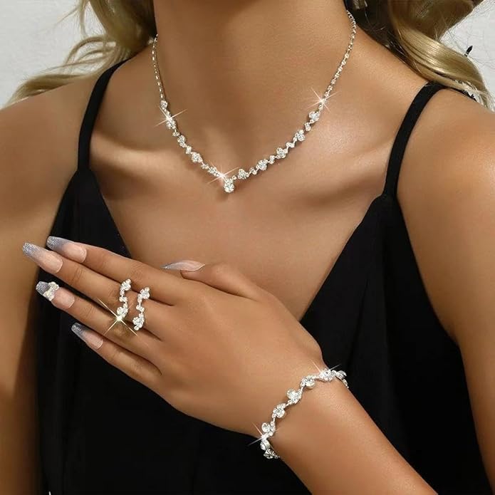 Bling Silver Jewelry Set for Women Trendy Wedding Jewelry Sets for Brides Sparkly Cubic Zirconia Necklace Earring Sets for Women Prom Accessories