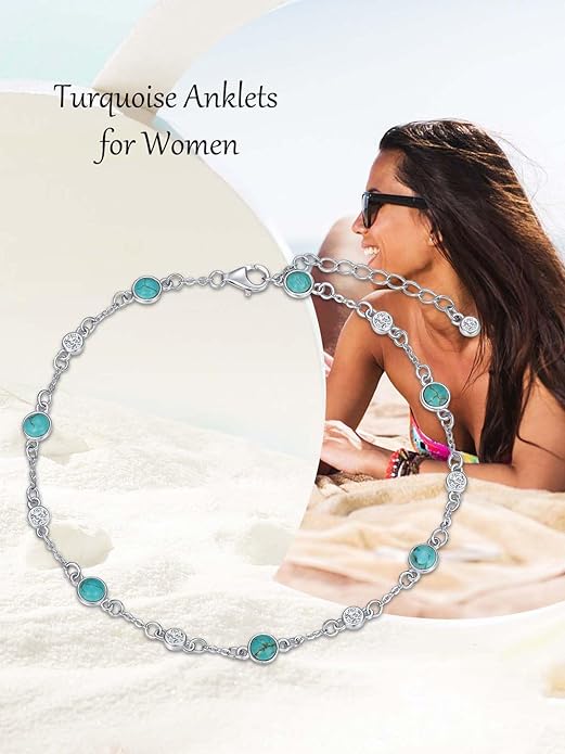 Anklet Bracelet for Women 925 Sterling Silver Natural Stone Chain Ankle Bracelet Beach Summer Fine Jewelry Valentines Day Birthday Gifts for Her Mom Wife