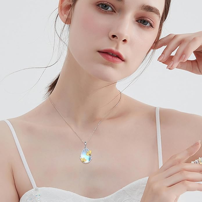 KQF Dragonfly/Butterlfy/Cat/Jellyfish/Bunny/Axolotl/Bee/Mermaid/Hummingbird/Elephant Necklace for Women Sterling Silver Moonstone Pendant Necklace Dragonfly Jewelry Gifts for Women