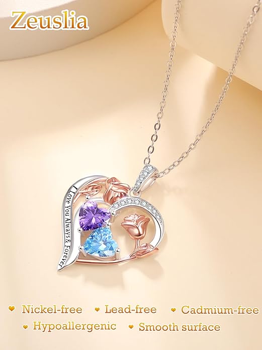 Valentine's Day Gifts for Wife 925 Sterling Silver Double Birthstone Pendant Necklaces I Love You for Always and Forever Necklace Anniversary Birthday Gifts for Wife Girlfriend Mom Her
