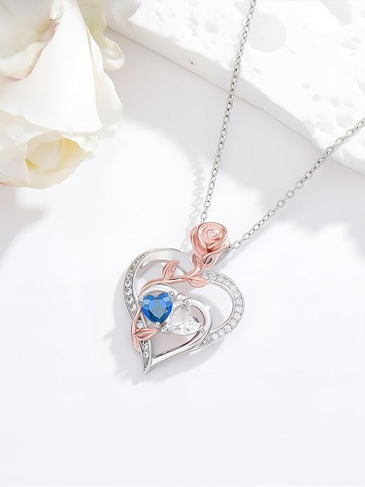 Rose Flower Heart Pendant for Women Birthday Gifts 18k Gold Plated Mother Daughter Necklace with 12 Months Birthstone Christmas Valentines Day Gifts for Her Mom Anniversarry Jewelry for Mom Wife Girlfriend