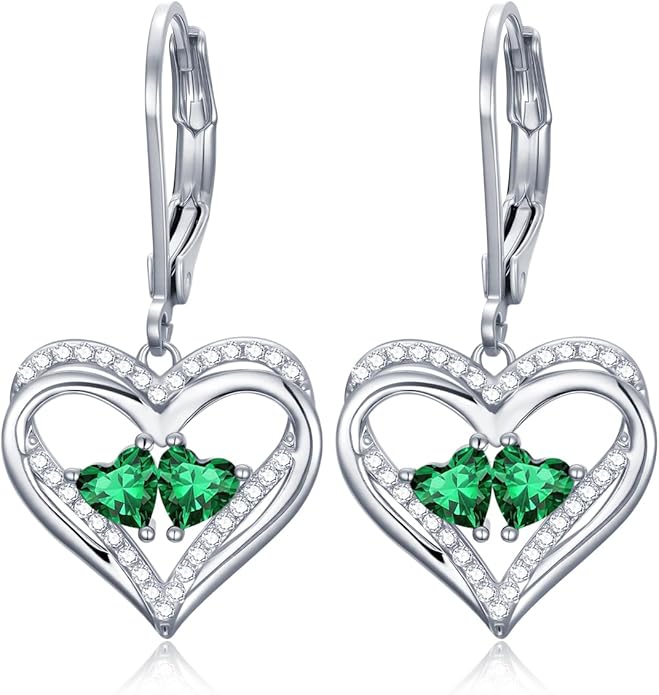 Valentines Day Gifts for Women, Heart Leverback Earrings Double Birthstone Dangle Earrings for Women, Love Jewelry for Her, Anniversary Birthday Gift for Mom Wife Girlfriend