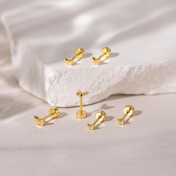 VRIUA 20G Tiny Flat Back Earrings for Women - 14K Gold/Silver Plated Small Flat Back Stud Earrings Hypoallergenic Cartilage Helix Piercing Jewelry
