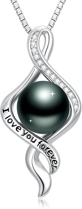 Tahitian Black Pearl 18K White Gold Plated Sterling Silver Heart/Infinity/Four Leaf Clover Pendant Necklace Jewelry Gifts for Women Wife Mom Girlfriend Wedding Birthday Anniversary Christmas