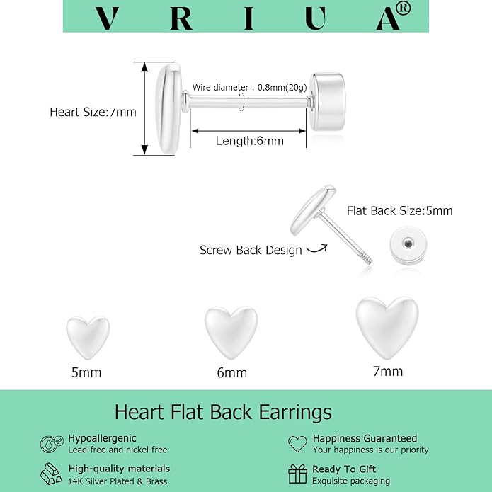 VRIUA 20G Tiny Flat Back Earrings for Women - 14K Gold/Silver Plated Small Flat Back Stud Earrings Hypoallergenic Cartilage Helix Piercing Jewelry