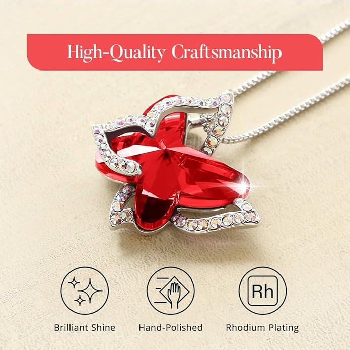 Valentine's Day Gift Butterfly Birthstone Crystal Necklace, Silver Tone with 18”+2” Chain, Necklace for Mother’s Day Anniversary Birthday Gifts for Women and Daughter