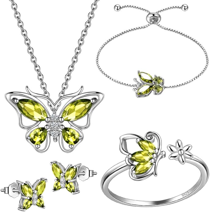 925 Sterling Silver Birthstone Butterfly Jewelry Women Crystal Animal Cute Butterflies Birthday Necklace/Earring/Ring/Bracelet Sets Birth Stone Statement Anniversary Jewellery