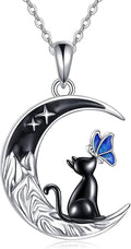 TIGER RIDER Moon Cat Necklace 925 Sterling Silver Blue Butterfly Black Jewelry Gifts Birthday Christmas Gifts for Women Wife Cat Lovers