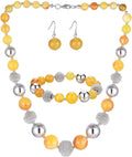 PEARL&CLUB Beaded Chunky Statement Necklace Earring and Bracelet Set Silver Metal Bead Fashion Jewelry Set Mothers’ Day Gifts for Women