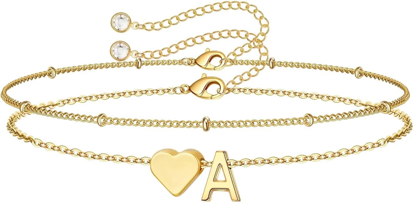M MOOHAM Valentines Day Gifts for Kids Teen Girls -14K-Gold-Plated Heart Initial A-Z Bracelets for Women Girl Dainty Gold Bracelets Birthday Valentines Gifts for Women Her Teenage Girls Kid Teen Gift