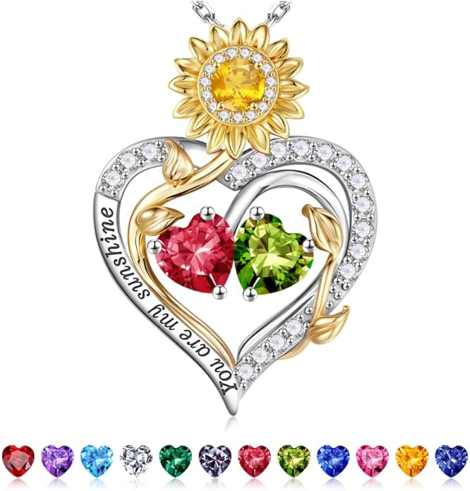 Iefil Valentines Day Gifts for Her - 925 Sterling Silver Sunflower Double Birthstone Necklace for Women, Anniversary Birthday Gifts for Wife, You Are My Sunshine Necklaces, Jewelry for Wife Mom