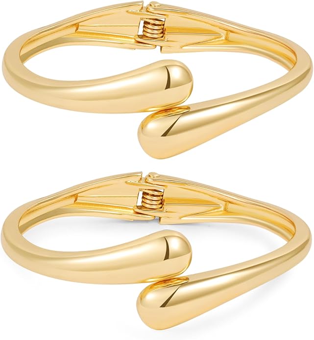 2pcs Gold Bangle Bracelets for Women, Trendy Hinged Cuff Open Wide Chunky Gold Bracelet Stack Arm Cuff Jewelry for Women