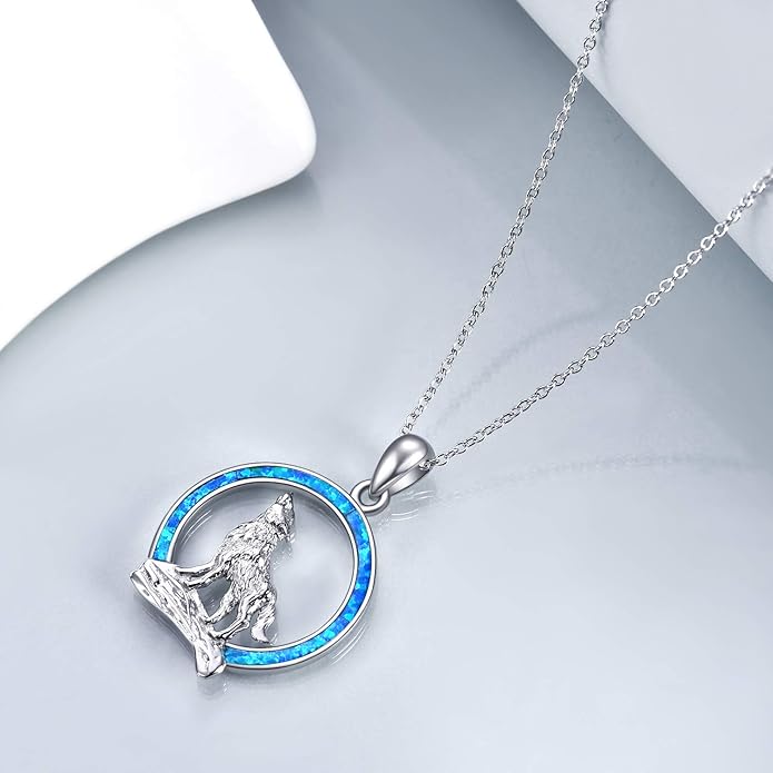 YFN Wolf Necklace Gifts for Men Women Sterling Silver Opal Moon Wolfs Jewelry Birthday 18+2"