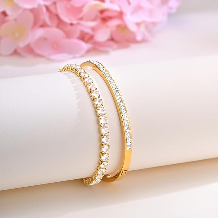 Stackable Gold Bracelets for Women - 2Pcs 18K Gold Plated Cubic Zirconia Bangle Bracelet Friendship Tennis Bracelet Stack Jewelry,Party Christmas Birthday Gifts for Her Girlfriend Sister Wife Daughter