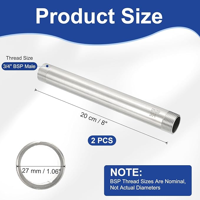 PATIKIL 304 Stainless Steel Pipe Fitting, 2 Pack 3/4" BSP Male x 3/4" BSP Male - Image 2