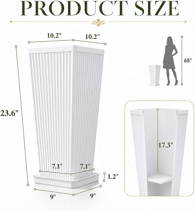 24" Tall Planters for Outdoor Plants Set of 2 Square Fluted, TallIndoor Flower - Image 2