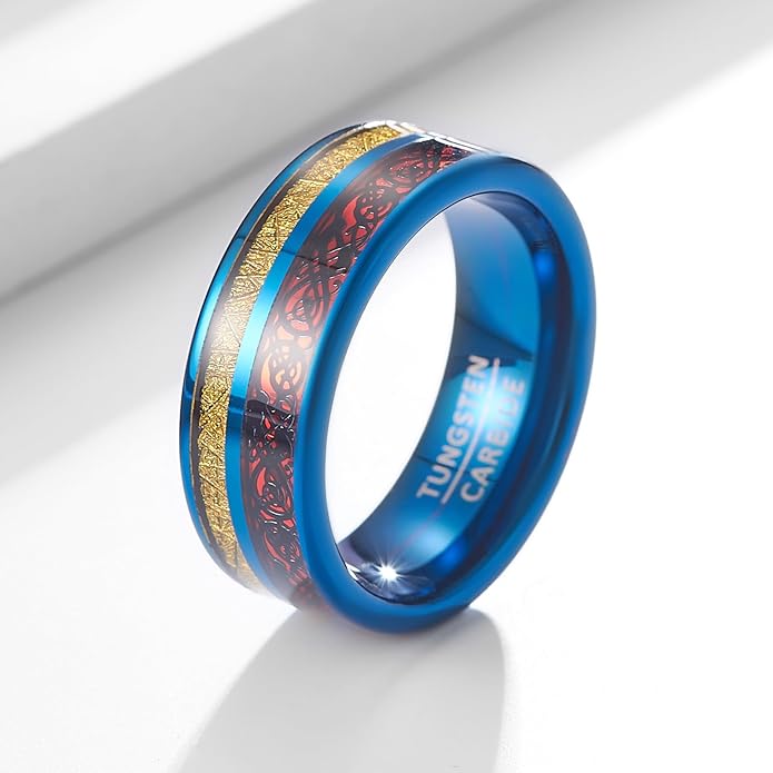 | Dual Dragon & Cloud Band - 8mm Wide Blue Tungsten Wedding Ring | Unisex Oriental Design