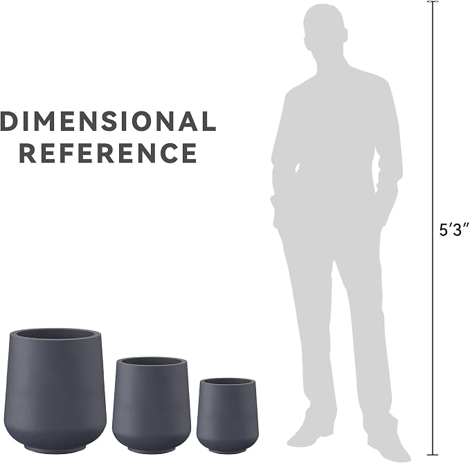 Kante Set of 3 Charcoal Concrete Curved Planters 16.5" 13" 9.4" Dia | Drainage - Image 9