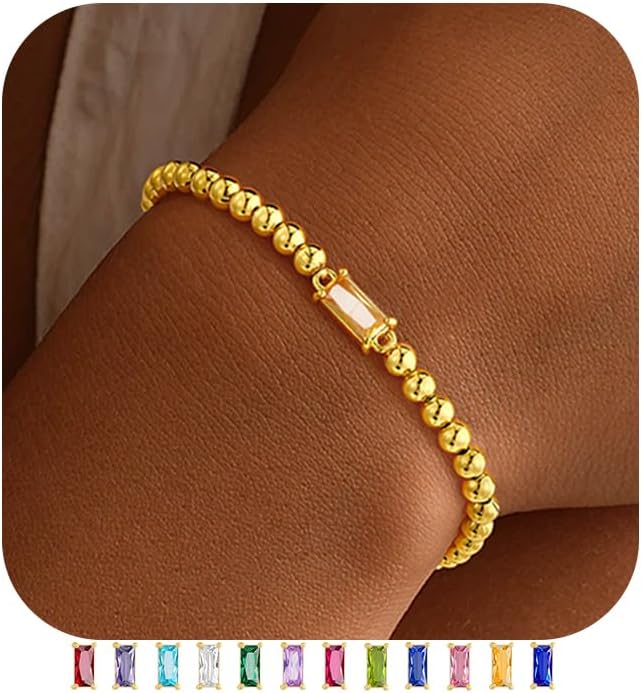 Yoosteel Valentines Gifts for Her Kids Girls - Valentines Day Bracelets Dainty Birthstone Bracelet for Women Elastic 14K-Gold-Plated Bead Bracelets Trendy Friendship Birthday Jewelry Gift for Teenage Girl Women